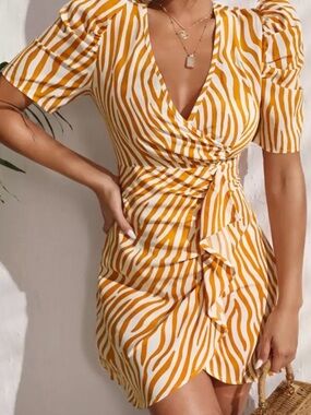 Yellow and White Zebra Print Wrap Dress
